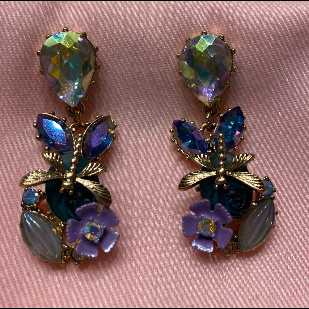 Pierced earrings with pretty purple and green with a dragonfly